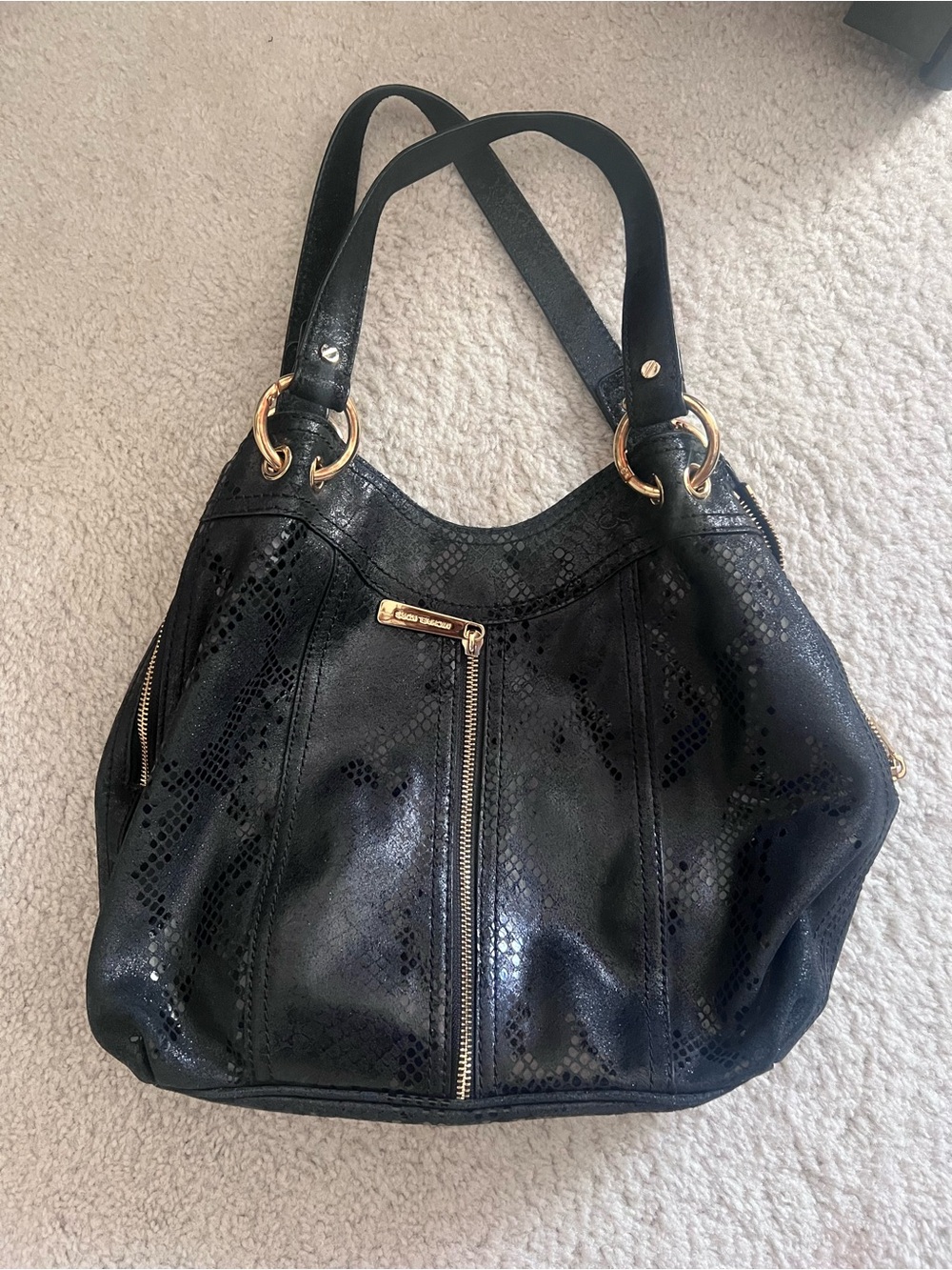 Michael Kors Black Snake-Embossed Shoulder Bag with Gold Hardware EUC